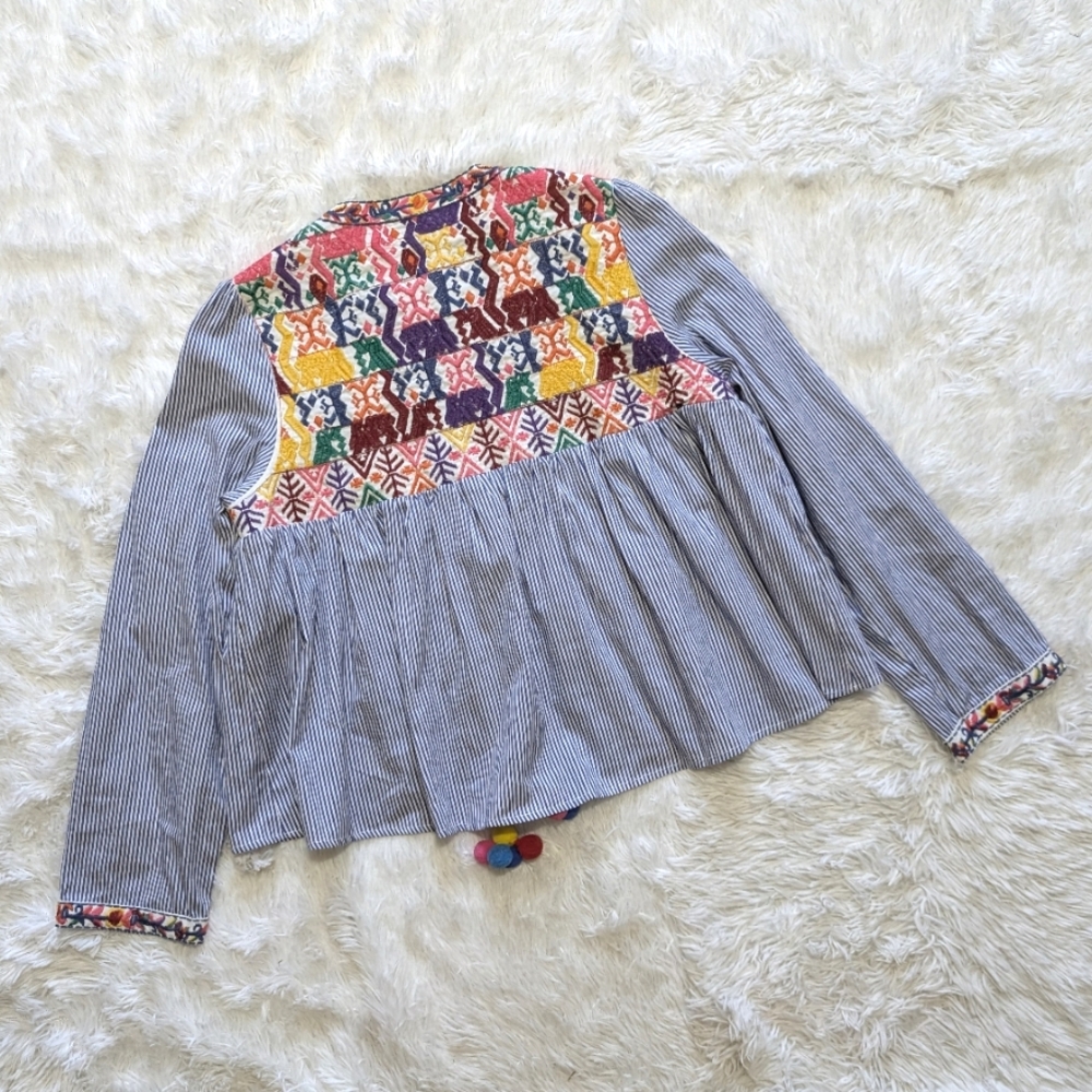 🔴SALE! Velzera Rainbow Embroidered Striped Oversized Tie Front Top Size XS - Picture 6 of 11